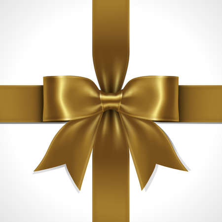 Gold Gift Ribbon Bow and Card Cross at the Center on White Background. Illustration of Gold Ribbon Bow Vector with Tag Card.のイラスト素材