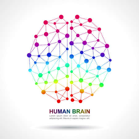 Human brain social network rainbow color on grey gradient background. Abstract technology brain background. Top view of human brain vector.のイラスト素材