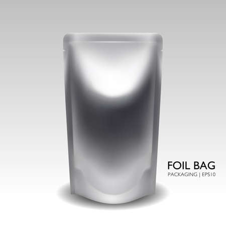 Aluminum blank foil bag packaging with curved corner. Packaging mock up vector.のイラスト素材
