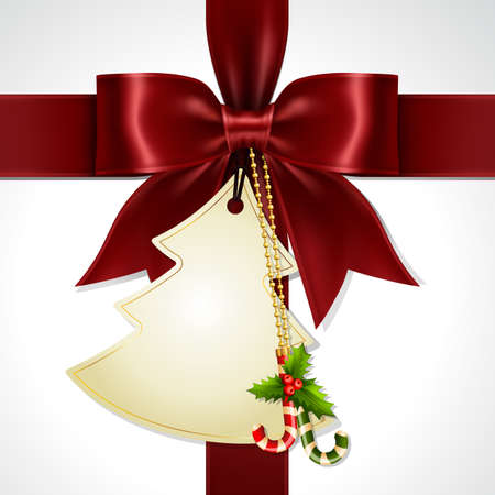 Maroon Red Gift Ribbon Bow and Christmas Tree shape card  Cross at the Center on White Background. Illustration of Maroon Red Ribbon Bow Vector with Christmas Tag Card.のイラスト素材
