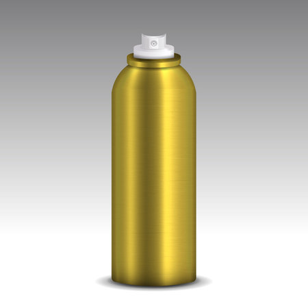 Metallic gold spray canned model vector on gradient background. A can of aerosol in gold color without lid. Mock-up packaging.のイラスト素材