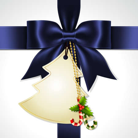 Blue Gift Ribbon Bow and Christmas Tree shape card  Cross at the Center on White Background. Illustration of Blue Ribbon Bow Vector with Christmas Tag Card.のイラスト素材
