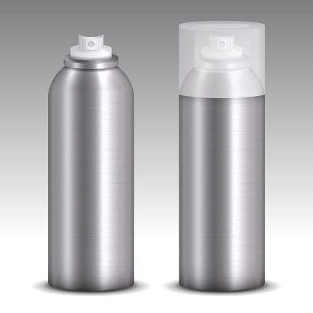 Aerosol cans in stainless steel with white curved lid and without lid. Mock-up packaging. Silver metallic spray canned model vector on gradient background.のイラスト素材