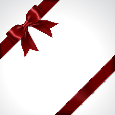Tilted Maroon Red Gift Ribbon Bow Vector. Illustration of Tilted Greeting Maroon Red Present Wrapping Ribbon and Bow on White Background.のイラスト素材