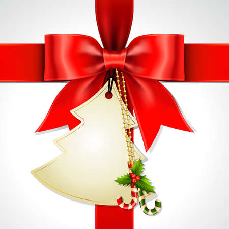 Red Gift Ribbon Bow and Christmas Tree shape card  Cross at the Center on White Background. Illustration of Red Ribbon Bow Vector with Christmas Tag Card.のイラスト素材