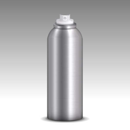 A can of aerosol in stainless steel without lid. Mock-up packaging. Silver metallic spray canned model vector on gradient background.のイラスト素材