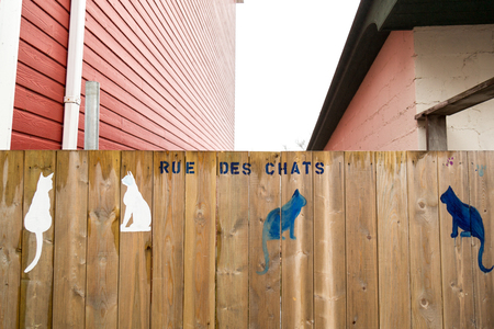 Blue and white stenciled cats painted on a wood fence that says Rue Des Chats. Red sided wood house and white stone house on the island of St Pierre and Miquelon.の写真素材