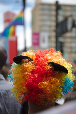Colorful gay pride wig with black ears at the Pride Parade in San Francisco 2015.の写真素材