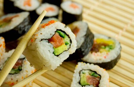 Traditional japanese food. Sushi on bamboo napkinの写真素材