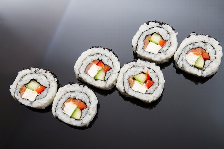 Sushi set on black reflection backgroundの写真素材