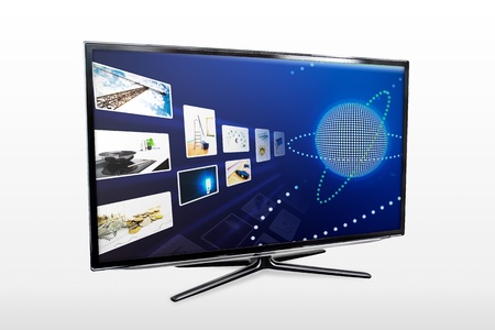 Glossy widescreen high definition tv screen with streaming video gallery. TV and internet concept.の写真素材