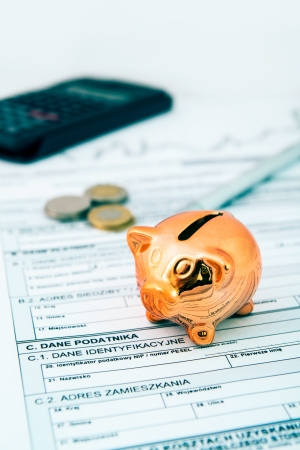 Piggybank on polish tax form. Coins and calculator in backgroundの写真素材