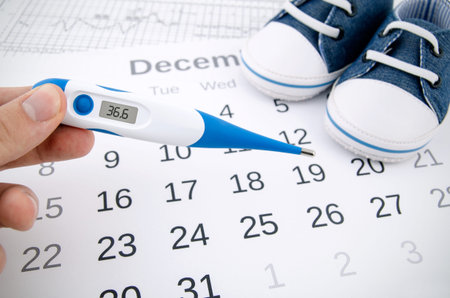 Electronic thermometer in fertility concept on calendar
