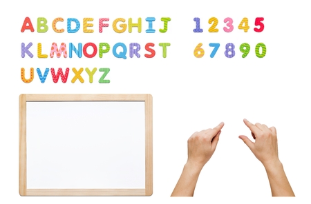 Magnetic alphabet set. Build your word with letters, whiteboard and hands. Kit isolated on white.の写真素材