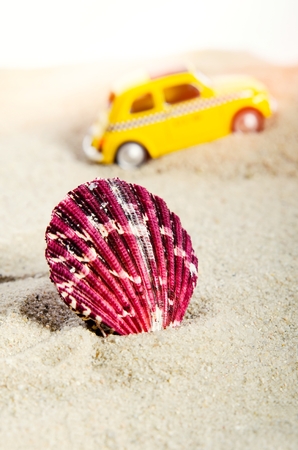 Shell on sand with yellow car in background. Holiday on beach compositionの写真素材