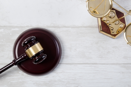 Law justice symbols concept top view. law attorney lawyer gavel book judge scale legal compositionの写真素材