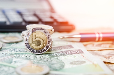 Polish money close up business composition. polish coins business income currency investing conceptの写真素材