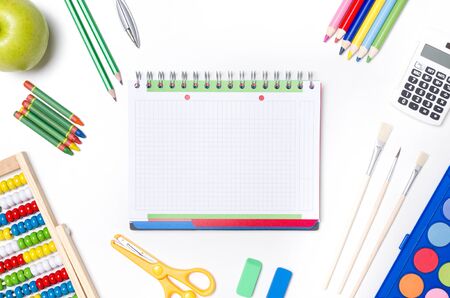 Back to school supplies composition. school desktop pencil background supplies education workspace table conceptの写真素材