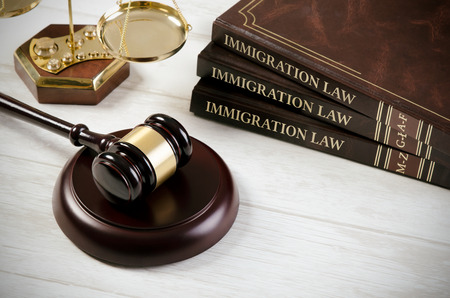 Immigration law book with judges gavel. Refugee citizenship law conceptの写真素材