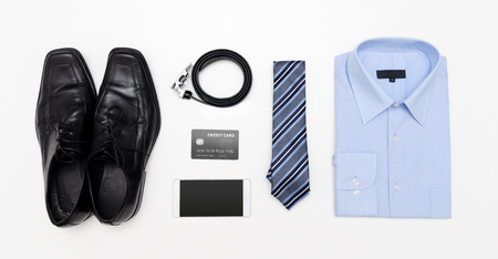 Men's outfits with blue shirt. Clothes shop top view conceptの写真素材