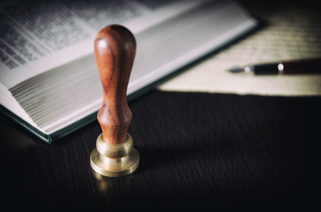 Notary public, attorney. Law concept with stamp in courtroom. law judge contract court legal trust...