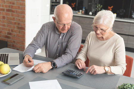 Senior couple paying bills together on laptop. Couple doing some paperwork and calculations at home
