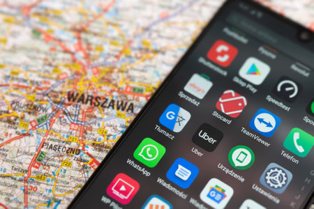 Wroclaw, Poland - OCT 23, 2019: Uber installed on Huawei P30. Uber is sharing-economy service for ubran transport.のeditorial素材