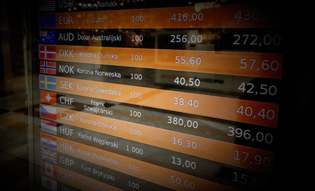 Table with currency prices, currency exchange, cantor currencies screen close up