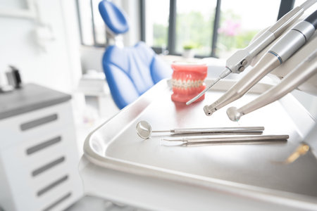 Dentist office. Dental tools, accessories used by dentist, stomatology concept.
