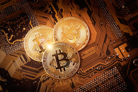 Bitcoin cryptocurrency, virtual money, blockchain technology. Coin on circuit board as...