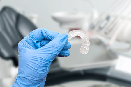 Hand in glove holding invisible aligner, dentist chair in background. Orthodontics, dental care...