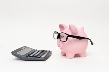 Piggy bank and calculator on white background. Savings and budget conceptの写真素材