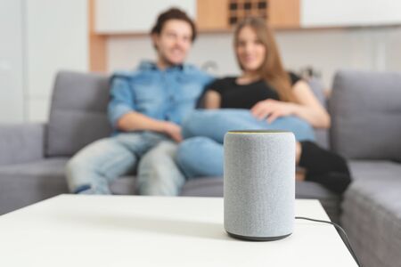 Couple talking command to smart speaker. Intelligent assistant in smart home system.の写真素材