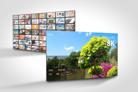 8K resolution display with comparison of resolutions. TV screen panel conceptual graphic