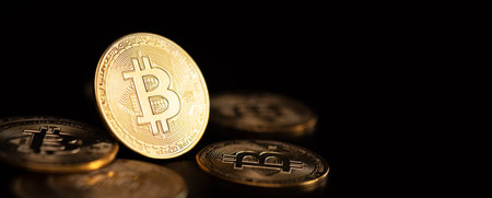 Bitcoin cryptocurrency coin stack. Blockchain transfer concept. Internet banner with copy space.