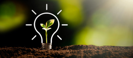 Light bulb with growing plant. Ecological friendly and sustainable environment