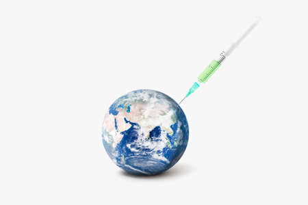 Global vaccine against the virus. global pandemic, abstract earth globe and syringe.の写真素材