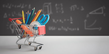 Back to school, student stuff in shopping trolley, board in background