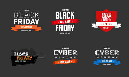 Black Friday and Cyber Monday 2020 sale badges templates set. Vector illustration of Black Friday promotion label conceptのイラスト素材