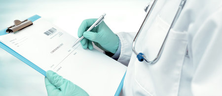 Doctor completes the medical documentation. Coronavirus, global epidemic concept