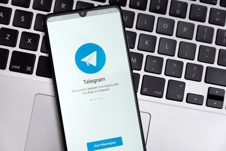 Wroclaw, Poland - JAN 20, 2021: Telegram application on smart phone with Android. Telegram app chosen by users for privacy policyのeditorial素材