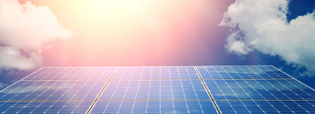 Solar panel illustration with 3D render and sky in background. Photovoltaic, renewable energy...