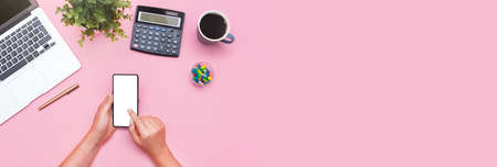 Woman using mobile app, smart phone with blank screen, flat layの写真素材