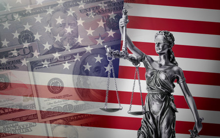 Law concept with lady justice. Composition with USA flag and Dollar banknotes in the backgroundの写真素材