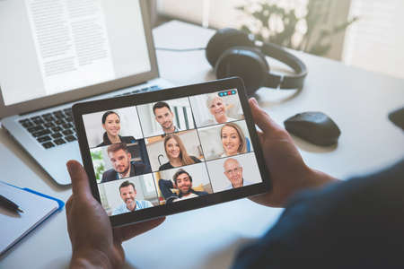 Video conference with multiple employees. Laptop application for remote work and study from home.の写真素材