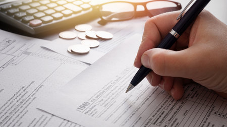 Tax return concept wits US 1040 tax form. Annual tax settlementsの写真素材