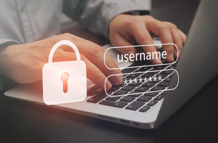 Network security concept, security systems. Hands typing on keyboard
