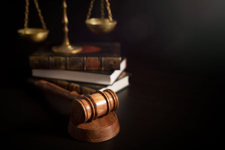 Weight scale and gavel, law banner with copy space. Legal and justice concept