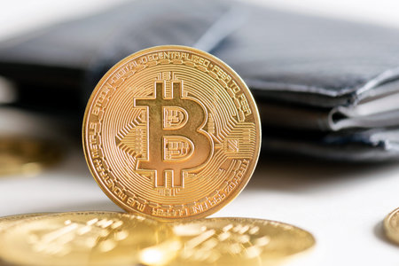 Cryptocurrency coins in the wallet. Bitcoin, blockchain technology conceptの写真素材