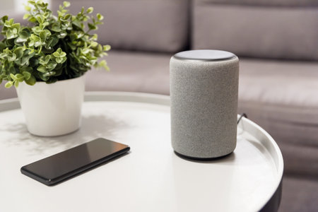 Smart speaker device in the living room. smart home systemの写真素材
